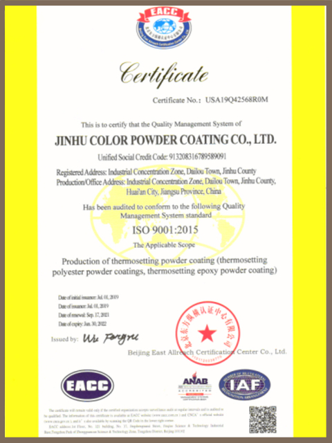 certificate of Anti-Gassing Powder Coating